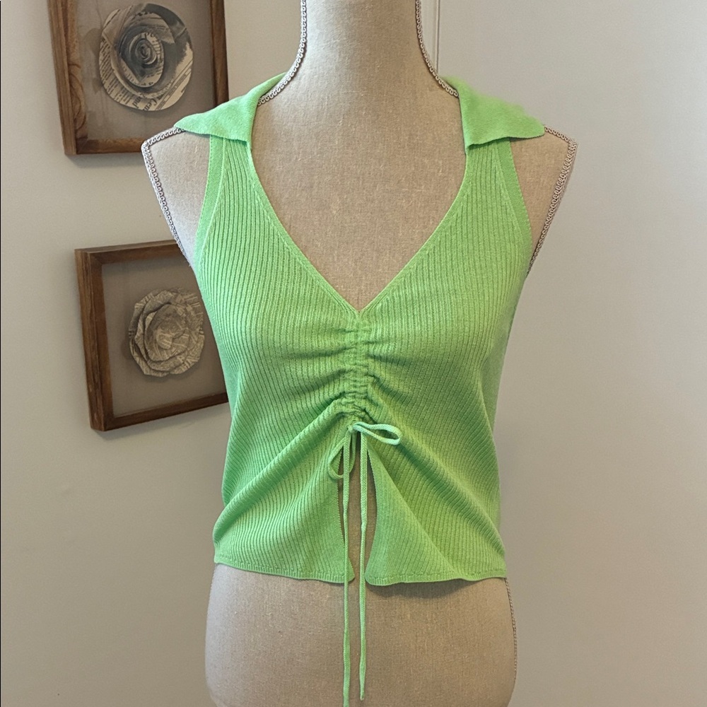 FP Beach Lime Green Ribbed Ruched Collared Tank Top XS